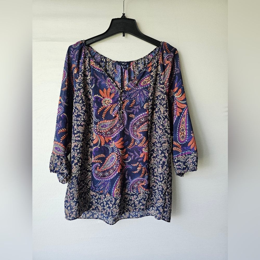 Chaps Women's Navy Paisley Peasant Blouse - Picture 4 of 13